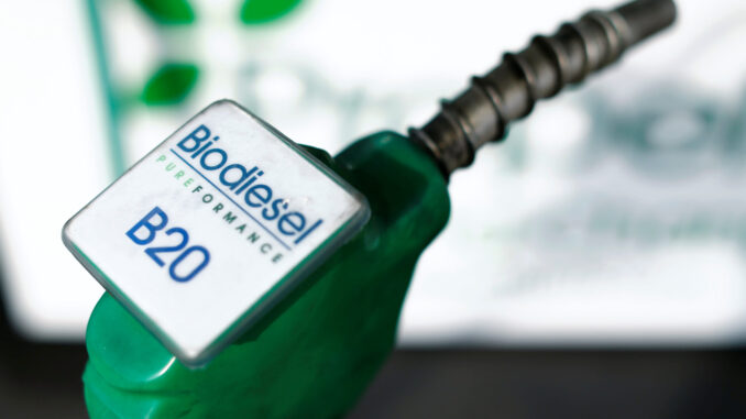 FILE PHOTO: Photo illustration of a fuel nozzle from a bio diesel fuel pump at a filling station in San Diego